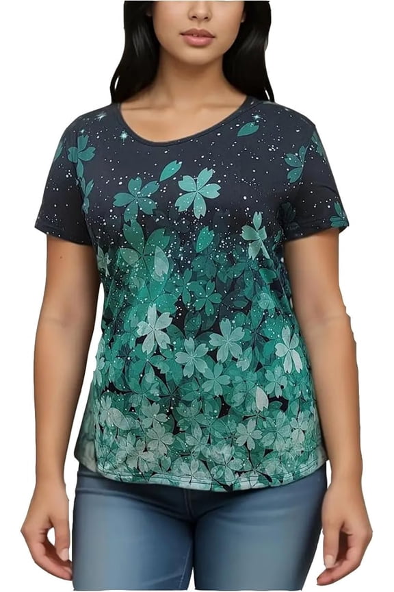 Summer Plus Size T-Shirt Ladies Cherry Blossom Print Round Neck Casual Short Sleeve