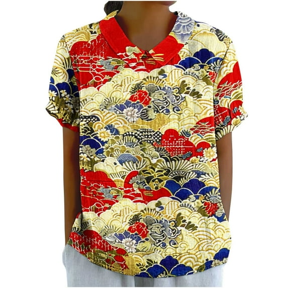 Summer Plus Size T-Shirts for Women Cotton Linen Shirts Collared Short Sleeve Tops Pullover Sweater Blouses Floral Printed Tunic Blouses Baggy Boho Dressy Shirts Office Work Clothes