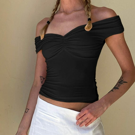 Summer Plus Size Tank Top Undershirt For Women Solid Color One-Shoulder Pleated Off-Shoulders Black Athletic Tank Top XS-XL