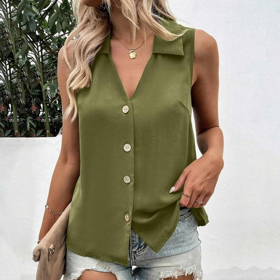 Summer Plus Size Tank for Women 2024 Fasion Color Loose Sleeveless Button V-Neck Vest, Summer Sale!