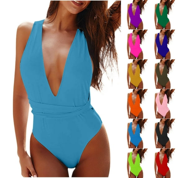 Summer Plus Size Tankini Swimsuit for Womens Fashion One Piece Solid Color V Neck Lace Up Backless Tight Fitting Bikini Swimsuit