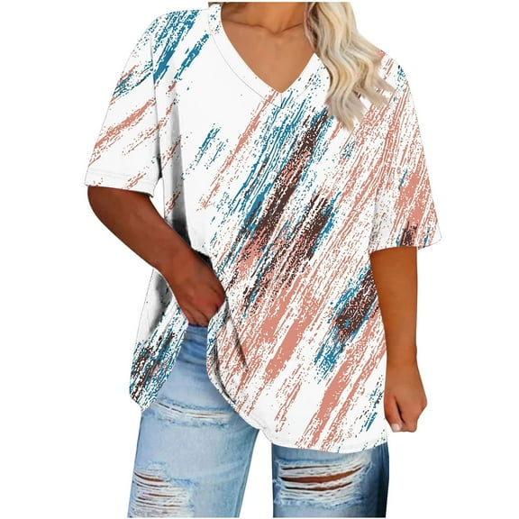 Summer Plus Size Tee Shirts V Neck Tee Short Sleeve Tops Trends Floral Printed T-Shirts Relaxed Fit Blouses Pullover Sweater Blouses Lounge Breathable Tunics Tee Workout Foing Out Clothing