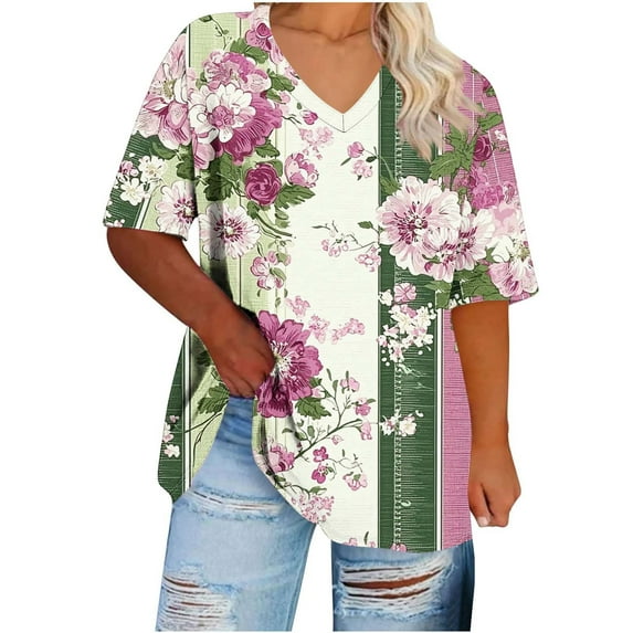 Summer Plus Size Tee Shirts V Neck Tee Short Sleeve Tops Trends Floral Printed T-Shirts Relaxed Fit Blouses Pullover Sweater Blouses Lounge Breathable Tunics Tee Workout Foing Out Clothing