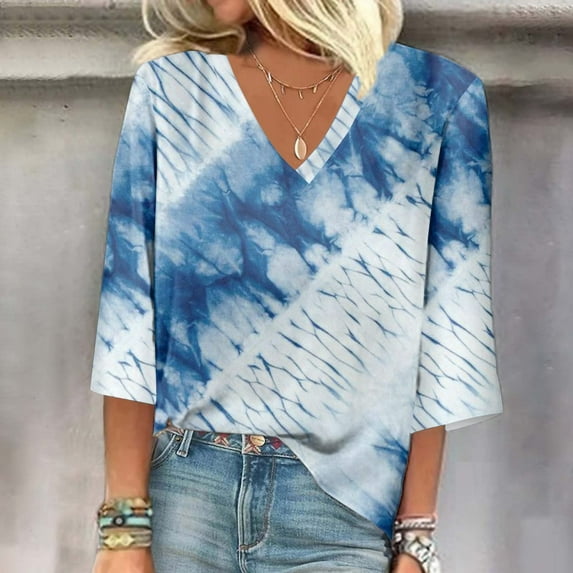 Summer Plus Size Tops For Women 2023 Trendy Summer V-Neck 3/4 Sleeve Print Casual T-shirt Blouse Up to 65% off