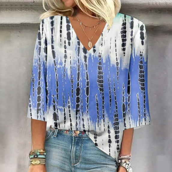Summer Plus Size Tops For Women 2023 Trendy Summer V-Neck 3/4 Sleeve Print Casual T-shirt Blouse Up to 65% off