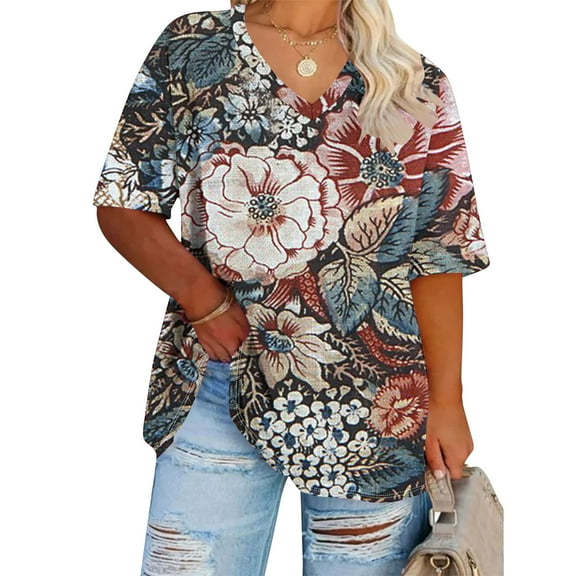 Summer Plus Size Tops For Women Causal Floral Loose Short Sleeve V-Neck Pullover Blouse T-Shirt Oversized Women Shirts Under $8 Navy XXXXXL