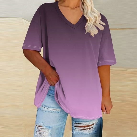 Summer Plus Size Tops For Women Causal Gradient Loose Short Sleeve V-Neck Pullover Blouse T-Shirt Oversized Women Shirts Under $8 Purple XXXXXL