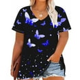 thumbnail image 1 of Summer Plus Size Tops For Women Causal Loose Short Sleeve V-Neck Butterfly Printing Pullover Blouse T-Shirt Oversized Women Shirts Under $10 Blue 3XL, 1 of 5