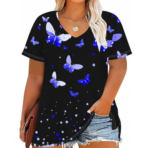 Summer Plus Size Tops For Women Causal Loose Short Sleeve V-Neck Butterfly Printing Pullover Blouse T-Shirt Oversized Women Shirts Under $10 Blue 3XL