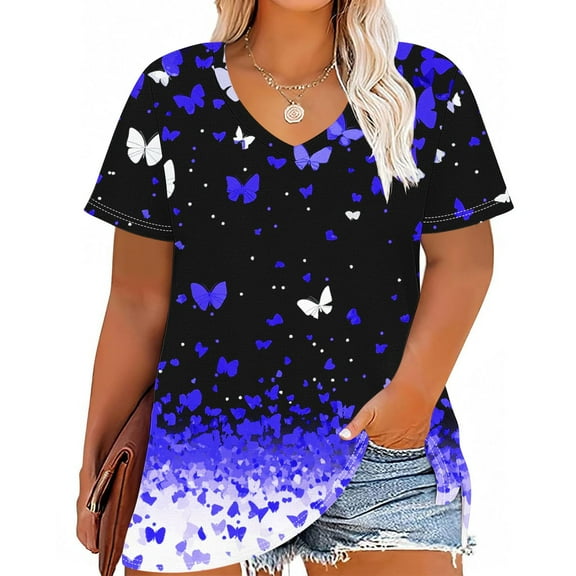 Summer Plus Size Tops For Women Causal Loose Short Sleeve V-Neck Butterfly Printing Pullover Blouse T-Shirt Oversized Women Shirts Under $10 Blue 5XL