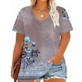 thumbnail image 1 of Summer Plus Size Tops For Women Causal Loose Short Sleeve V-Neck Floral Printed Pullover Blouse T-Shirt Oversized Women Shirts Under $10 Blue XXL, 1 of 4