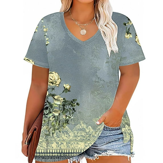 Summer Plus Size Tops For Women Causal Loose Short Sleeve V-Neck Floral Printed Pullover Blouse T-Shirt Oversized Women Shirts Under $10 Yellow XL