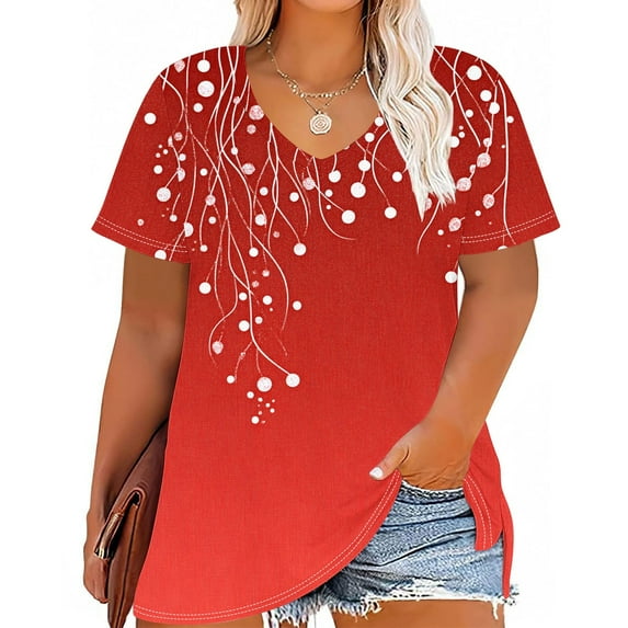 Summer Plus Size Tops For Women Causal Loose Short Sleeve V-Neck Printing Pullover Blouse T-Shirt Oversized Women Shirts Under $10 Red 3XL