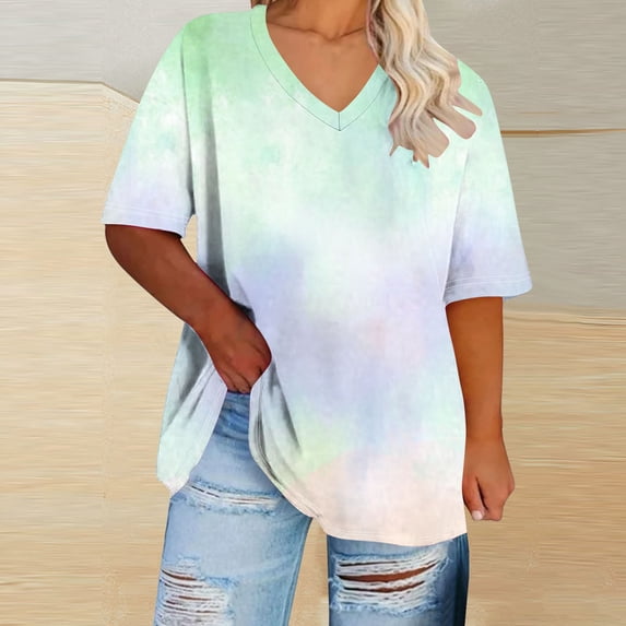 Summer Plus Size Tops For Women Causal Loose Short Sleeve V-Neck Pullover Blouse Tie-Dye Shirt Oversized Women Shirts Under $8 Green XXXXXL