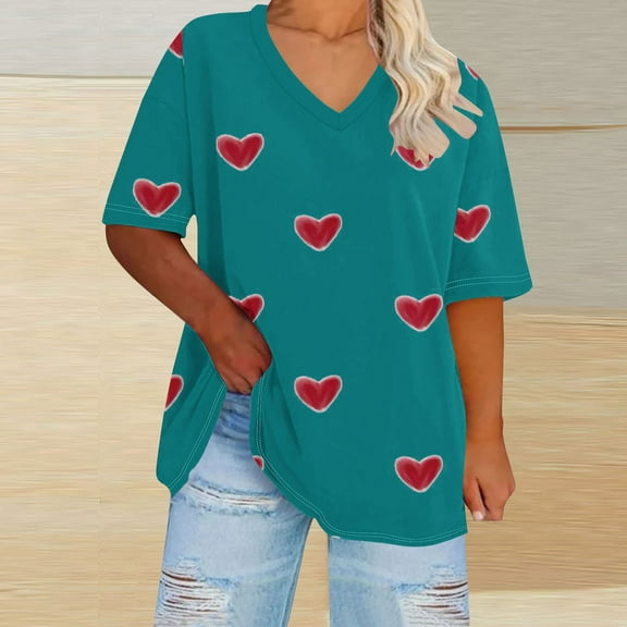 Summer Plus Size Tops For Women Causal Love Printing Loose Short Sleeve V-Neck Pullover Blouse T-Shirt Oversized Women Shirts Under $8 Green XXXL