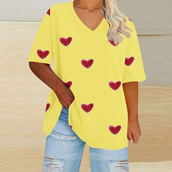Summer Plus Size Tops For Women Causal Love Printing Loose Short Sleeve V-Neck Pullover Blouse T-Shirt Oversized Women Shirts Under $8 Yellow XXXXXL