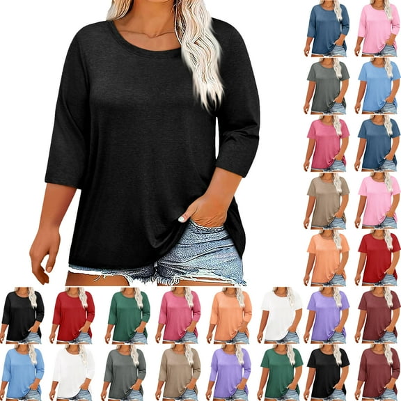 Summer Plus Size Tops For Women Causal Solid Color Loose 3/4 Sleeve Crew Neck Pullover Blouse T-Shirt Oversized Women Shirts Under $8 Black L
