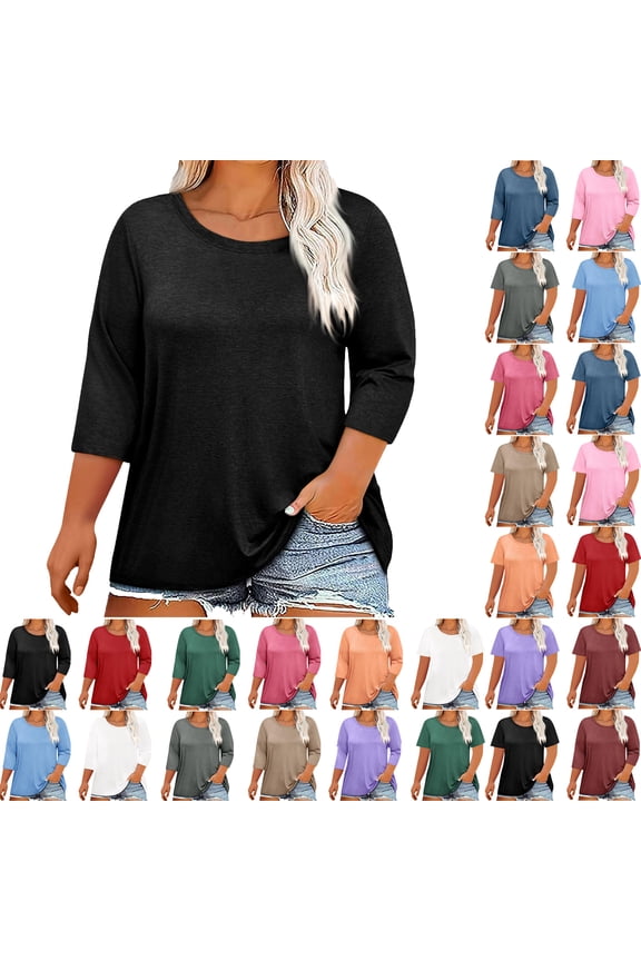 Summer Plus Size Tops For Women Causal Solid Color Loose 3/4 Sleeve Crew Neck Pullover Blouse T-Shirt Oversized Women Shirts Under $8 Black L
