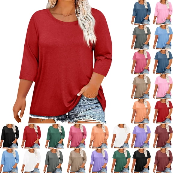 Summer Plus Size Tops For Women Causal Solid Color Loose 3/4 Sleeve Crew Neck Pullover Blouse T-Shirt Oversized Women Shirts Under $8 Red L