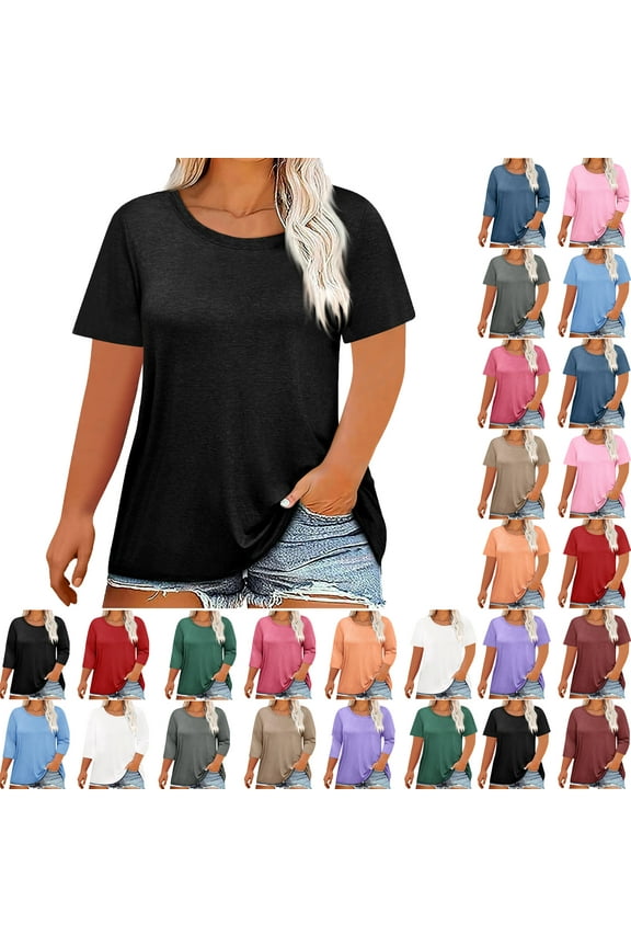 Summer Plus Size Tops For Women Causal Solid Color Loose Short Sleeve Crew Neck Pullover Blouse T-Shirt Oversized Women Shirts Under $8 Black 3XL