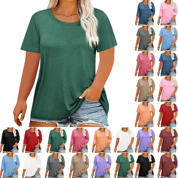 Summer Plus Size Tops For Women Causal Solid Color Loose Short Sleeve Crew Neck Pullover Blouse T-Shirt Oversized Women Shirts Under $8 Green 4XL