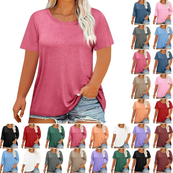 Summer Plus Size Tops For Women Causal Solid Color Loose Short Sleeve Crew Neck Pullover Blouse T-Shirt Oversized Women Shirts Under $8 Hot Pink L