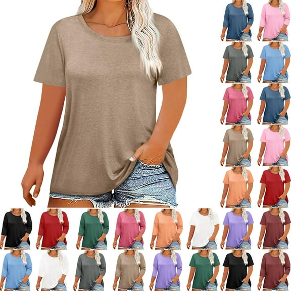 Summer Plus Size Tops For Women Causal Solid Color Loose Short Sleeve Crew Neck Pullover Blouse T-Shirt Oversized Women Shirts Under $8 Khaki 3XL