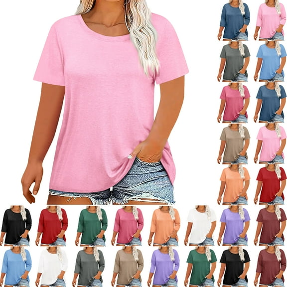 Summer Plus Size Tops For Women Causal Solid Color Loose Short Sleeve Crew Neck Pullover Blouse T-Shirt Oversized Women Shirts Under $8 Pink L