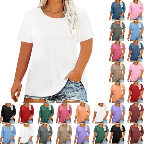 Summer Plus Size Tops For Women Causal Solid Color Loose Short Sleeve Crew Neck Pullover Blouse T-Shirt Oversized Women Shirts Under $8 White XL
