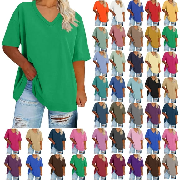 Summer Plus Size Tops For Women Causal Solid Color Loose Short Sleeve V-Neck Pullover Blouse T-Shirt Oversized Women Shirts Under $8 Green L
