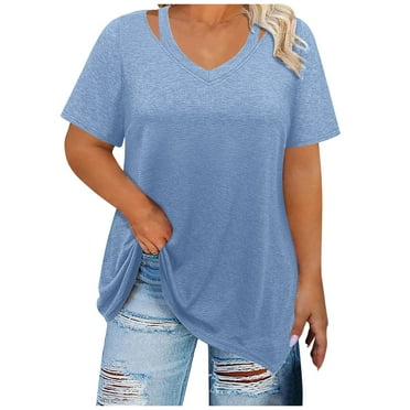 Summer Plus Size Tops For Women Causal Solid Color Loose Short Sleeve V-Neck Pullover Blouse T-Shirt Oversized Women Shirts Under $10 Light Blue 3XL