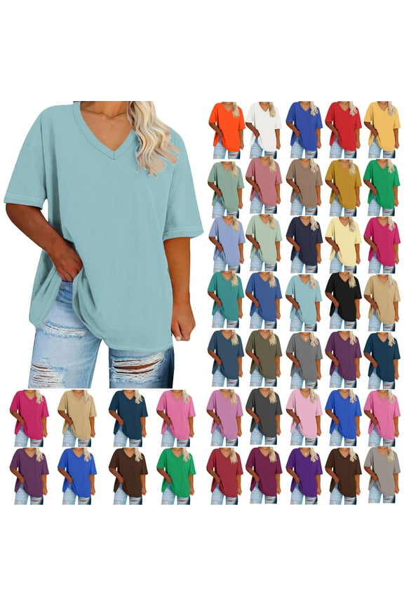 Summer Plus Size Tops For Women Causal Solid Color Loose Short Sleeve V-Neck Pullover Blouse T-Shirt Oversized Women Shirts Under $8 Light Blue XXL