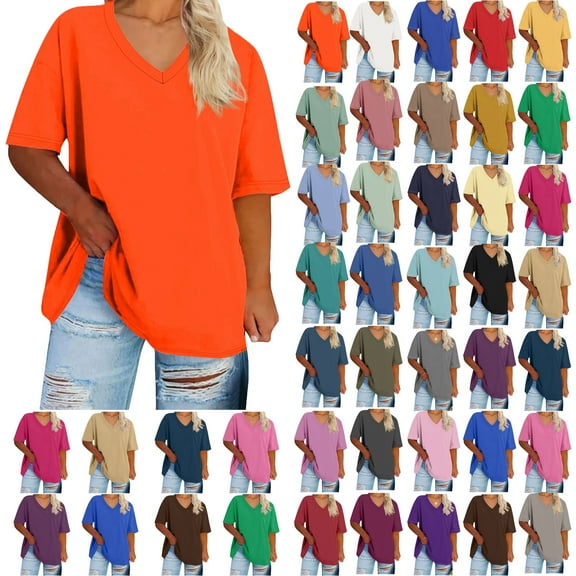 Summer Plus Size Tops For Women Causal Solid Color Loose Short Sleeve V-Neck Pullover Blouse T-Shirt Oversized Women Shirts Under $8 Orange 3XL