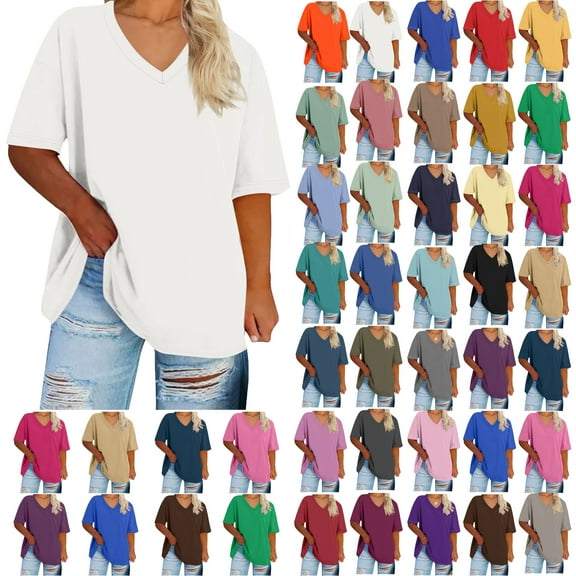 Summer Plus Size Tops For Women Causal Solid Color Loose Short Sleeve V-Neck Pullover Blouse T-Shirt Oversized Women Shirts Under $8 White 3XL