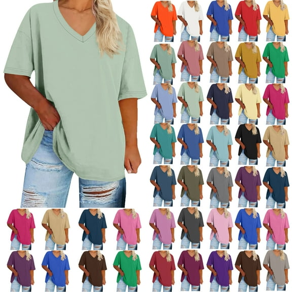 Summer Plus Size Tops For Women Causal Solid Color Loose Short Sleeve V-Neck Pullover Blouse T-Shirt Oversized Women Shirts Under $8 Beige L