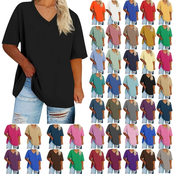 Summer Plus Size Tops For Women Causal Solid Color Loose Short Sleeve V-Neck Pullover Blouse T-Shirt Oversized Women Shirts Under $8 Black 3XL