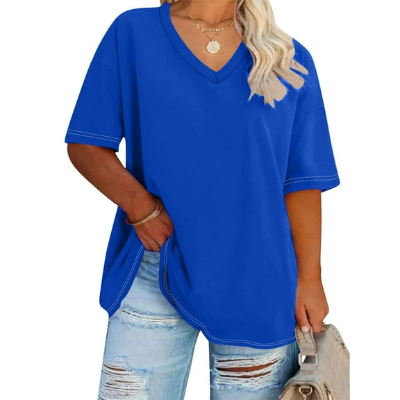 Summer Plus Size Tops For Women Causal Solid Color Loose Short Sleeve V-Neck Pullover Blouse T-Shirt Oversized Women Shirts Under $8 Blue XXL