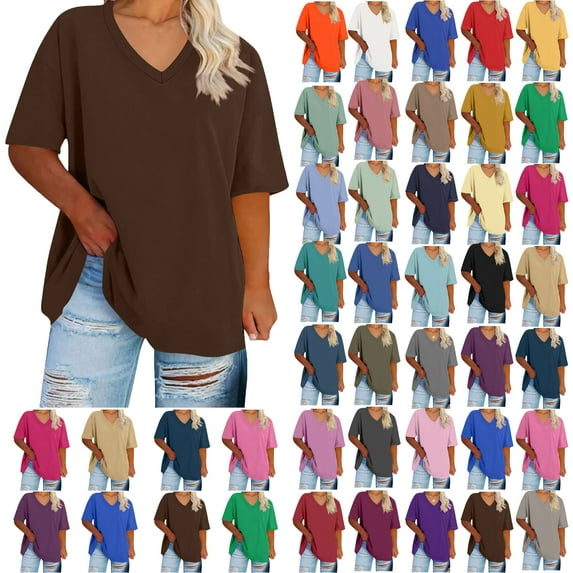 Summer Plus Size Tops For Women Causal Solid Color Loose Short Sleeve V-Neck Pullover Blouse T-Shirt Oversized Women Shirts Under $8 Dark Brown L