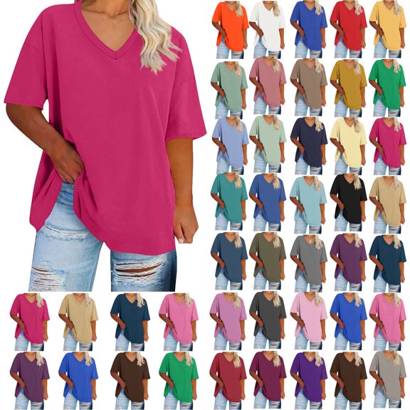 Summer Plus Size Tops For Women Causal Solid Color Loose Short Sleeve V-Neck Pullover Blouse T-Shirt Oversized Women Shirts Under $8 Hot Pink XL