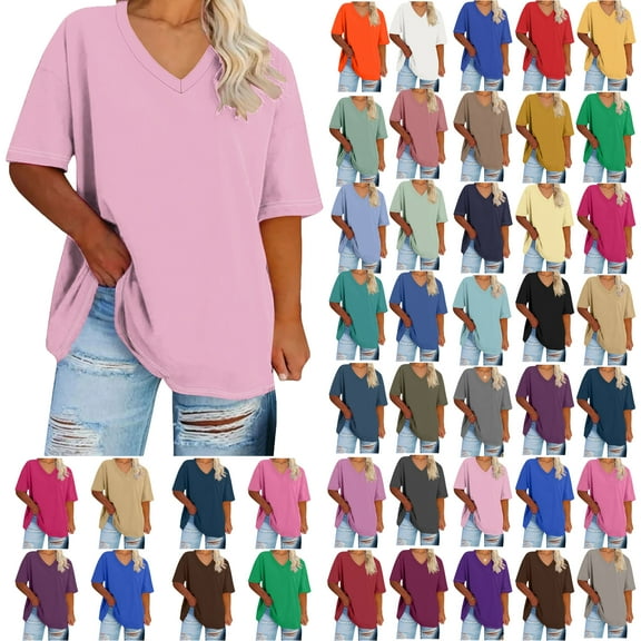 Summer Plus Size Tops For Women Causal Solid Color Loose Short Sleeve V-Neck Pullover Blouse T-Shirt Oversized Women Shirts Under $8 Light Pink XL