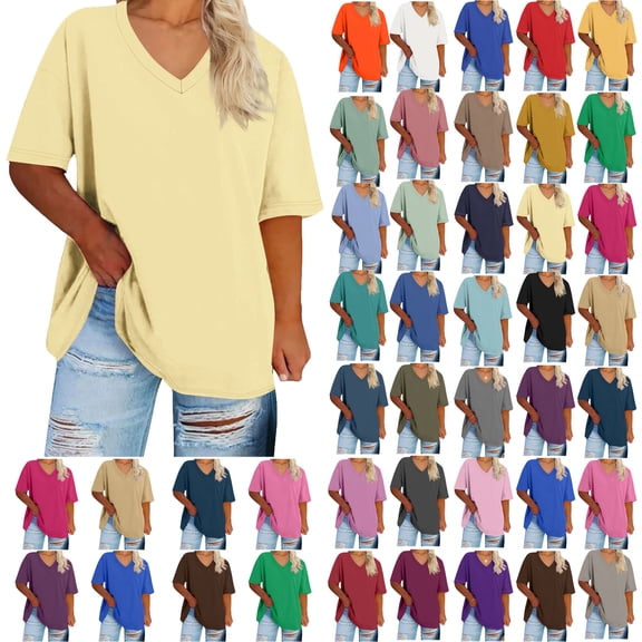 Summer Plus Size Tops For Women Causal Solid Color Loose Short Sleeve V-Neck Pullover Blouse T-Shirt Oversized Women Shirts Under $8 Light Yellow L