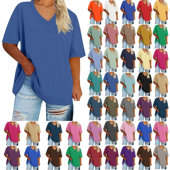 Summer Plus Size Tops For Women Causal Solid Color Loose Short Sleeve V-Neck Pullover Blouse T-Shirt Oversized Women Shirts Under $8 Navy Blue 3XL