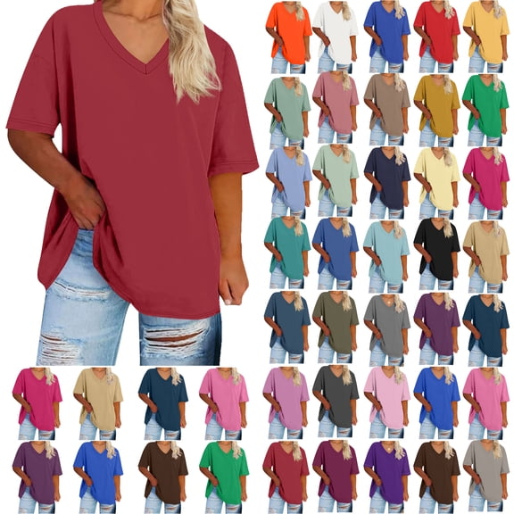 Summer Plus Size Tops For Women Causal Solid Color Loose Short Sleeve V-Neck Pullover Blouse T-Shirt Oversized Women Shirts Under $8 Wine Red S