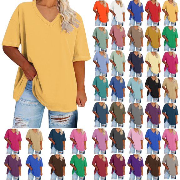 Summer Plus Size Tops For Women Causal Solid Color Loose Short Sleeve V-Neck Pullover Blouse T-Shirt Oversized Women Shirts Under $8 Yellow 5XL