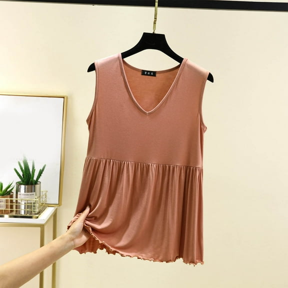 Summer Plus Size Tops For Women Causal Solid Color Loose Sleeveless Crew Neck Pleated Pullover Blouse Oversized Women Tank Top Under $6 Khaki L