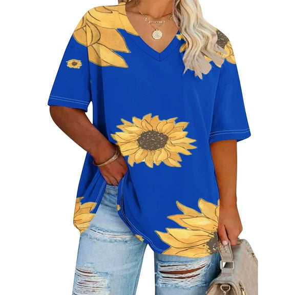 Summer Plus Size Tops For Women Causal Sunflower Loose Short Sleeve V-Neck Pullover Blouse T-Shirt Oversized Women Shirts Under $8 Blue XXXXL