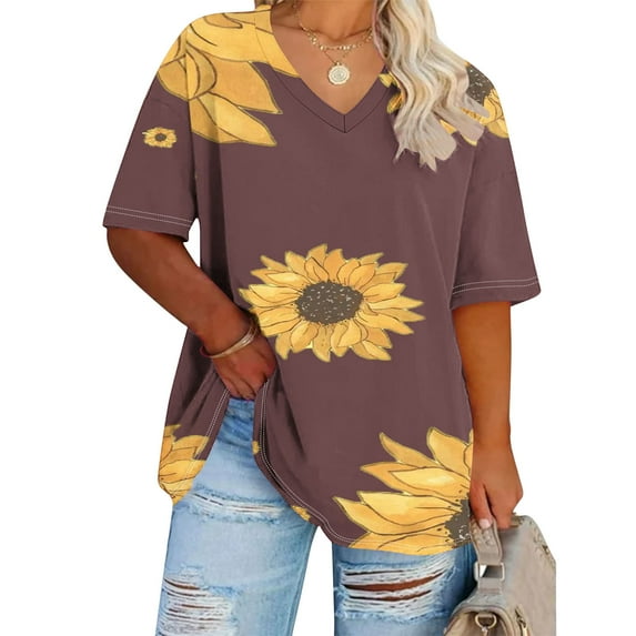 Summer Plus Size Tops For Women Causal Sunflower Loose Short Sleeve V-Neck Pullover Blouse T-Shirt Oversized Women Shirts Under $8 Brown XXXXXL
