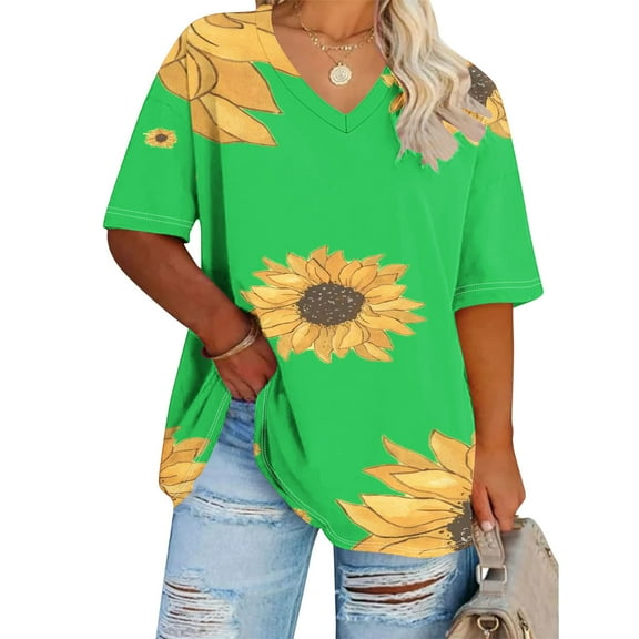Summer Plus Size Tops For Women Causal Sunflower Loose Short Sleeve V-Neck Pullover Blouse T-Shirt Oversized Women Shirts Under $8 Green XL