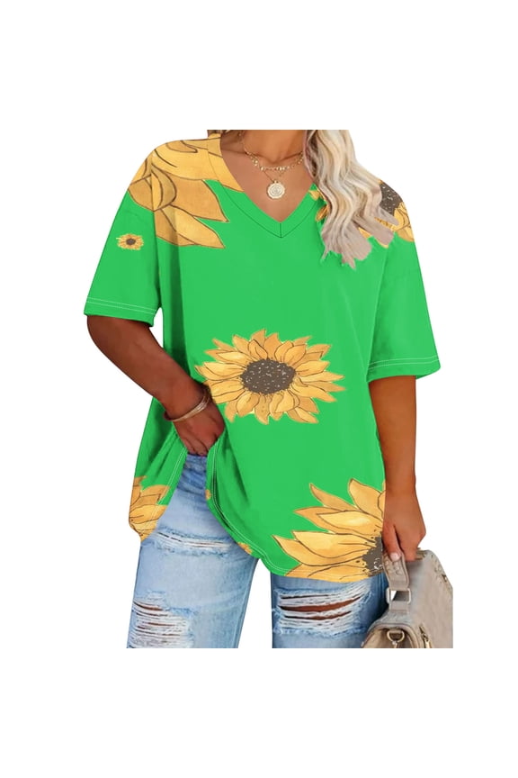 Summer Plus Size Tops For Women Causal Sunflower Loose Short Sleeve V-Neck Pullover Blouse T-Shirt Oversized Women Shirts Under $8 Green XL
