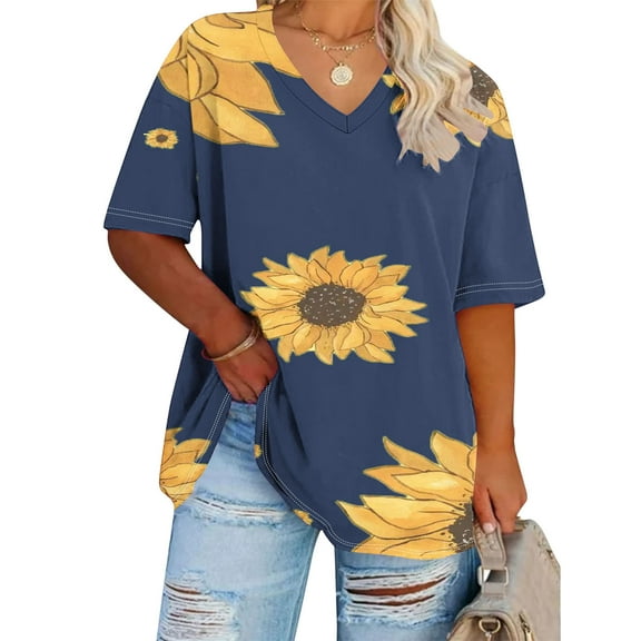 Summer Plus Size Tops For Women Causal Sunflower Loose Short Sleeve V-Neck Pullover Blouse T-Shirt Oversized Women Shirts Under $8 Navy XL